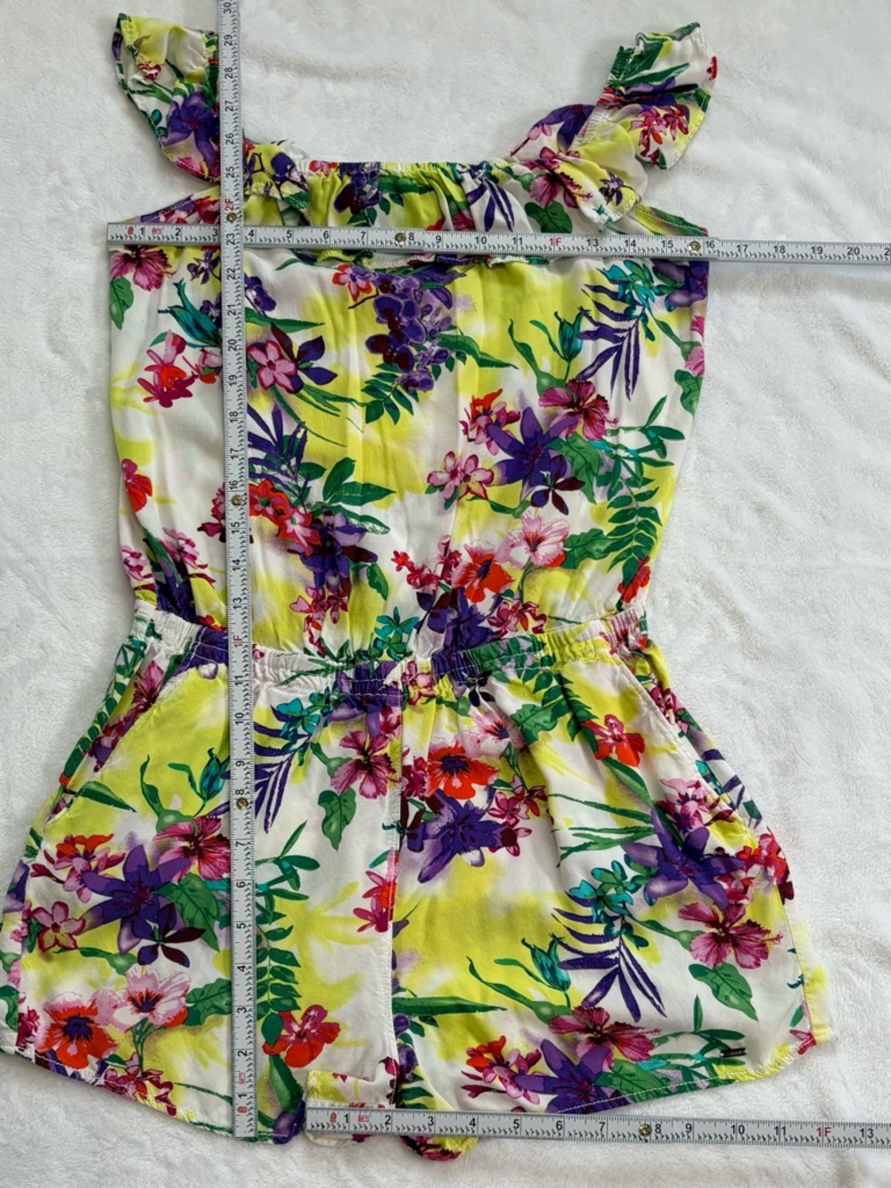 GARAGE Bright Floral Ruffle Neck Romper Medium Summer Festival Dress Pockets - Picture 7 of 7